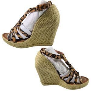 Sam Edelman Brown Black Leopard Platform Wedge Strappy Sandals Shoes 7 M